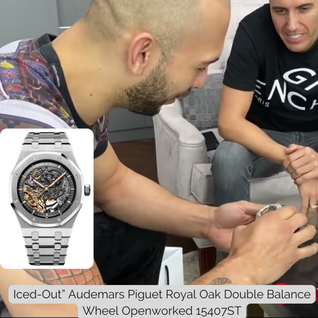 Andrew Tate wearing Iced-Out” Audemars Piguet Royal Oak Double Balance Wheel Openworked 15407ST